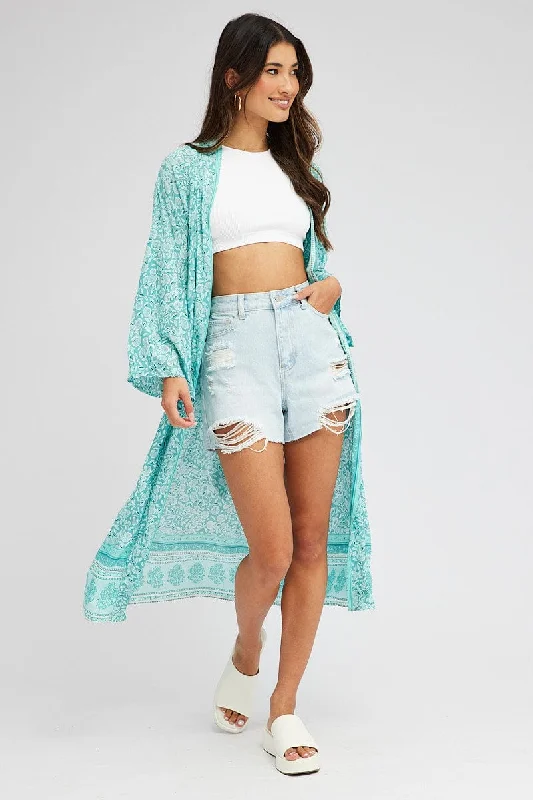 Green Boho Kimono Longline Long Sleeve