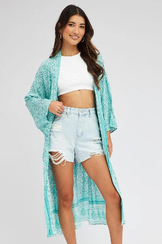 Green Boho Kimono Longline Long Sleeve