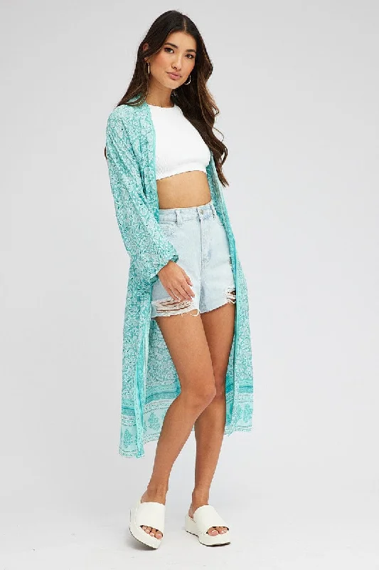 Green Boho Kimono Longline Long Sleeve