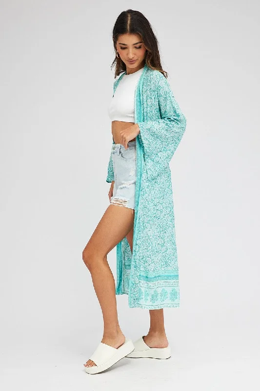 Green Boho Kimono Longline Long Sleeve