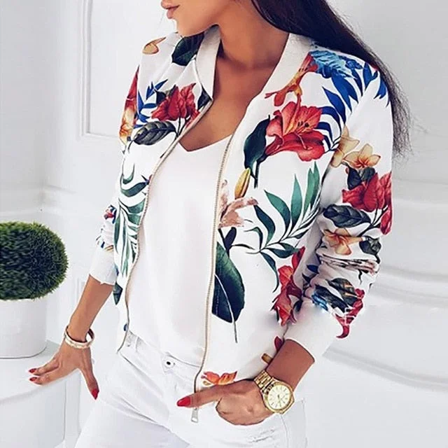 Jacket women coat 2019 spring autumn windbreaker women bomber jacket zipper flowers print outwear jacket coat women's clothing