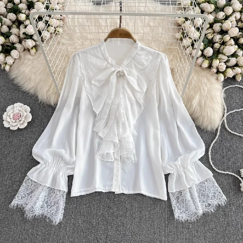 Lace Bell Sleeves Bow Tie Shirt Women's Fashionable Top     S4088