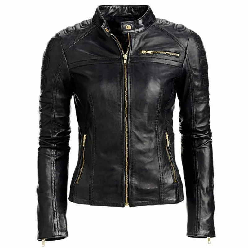 Ladies Black Slim Fit Biker Sheep Leather Moto Leather Classic Leather Jacket