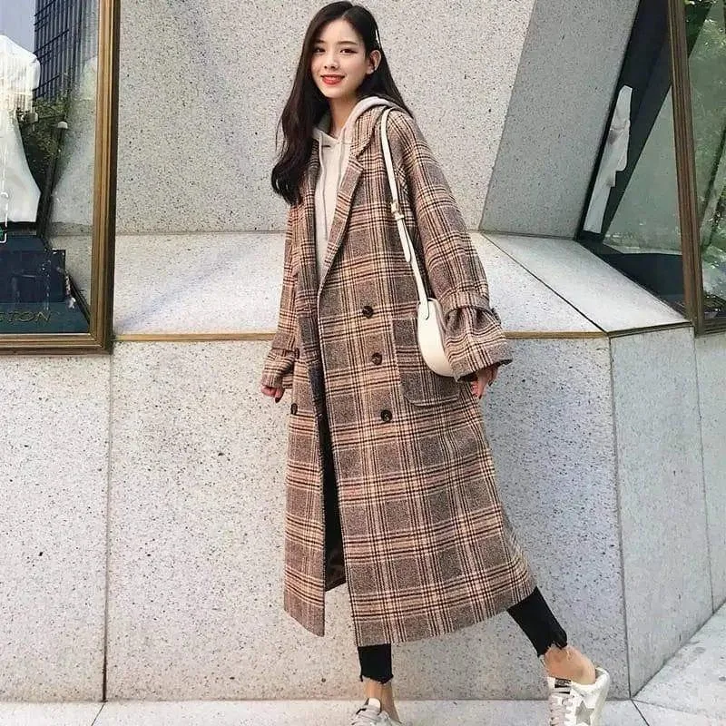 Loose slim long double-breasted retro plaid woolen coat