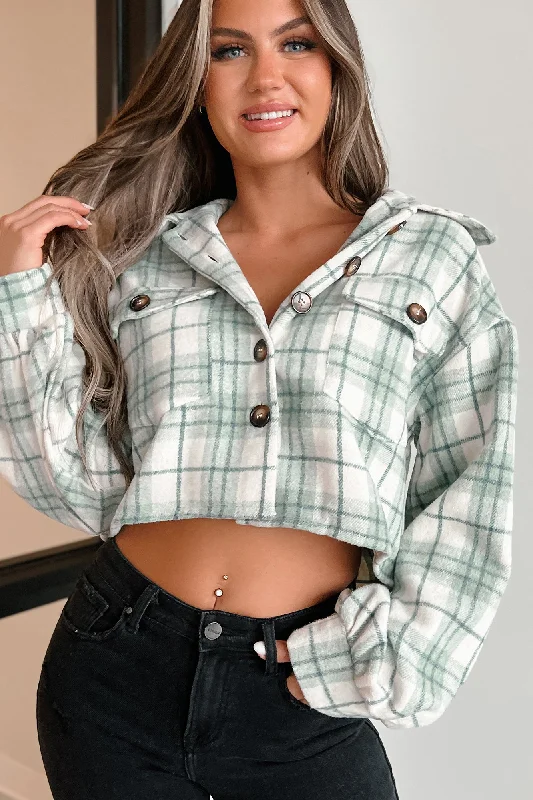 Maplewood Springs Plaid Crop Shacket (Sage)