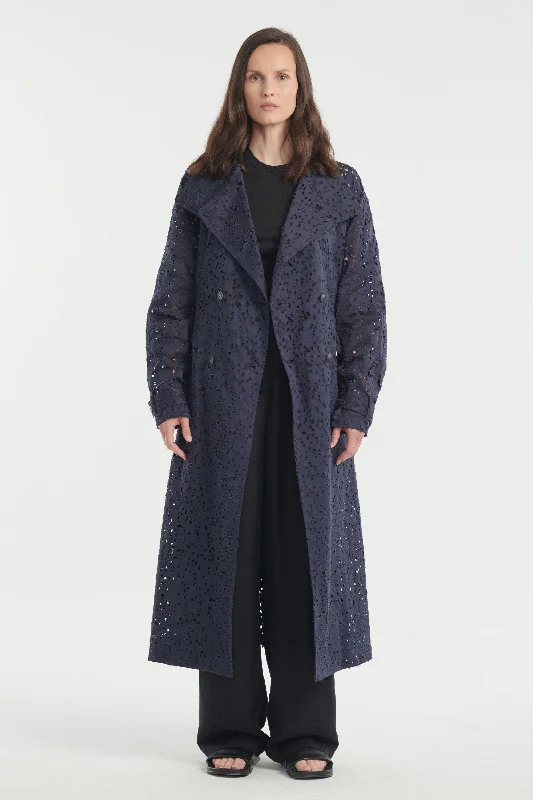 Navy blue perforated trench coat