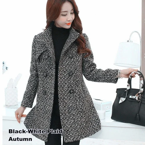 New Women's Wool Blends Coat Winter 2019 Autumn Fashion Elegant Mother Turtleneck Plaid Slim Long Tweed Woolen Outerwear Female