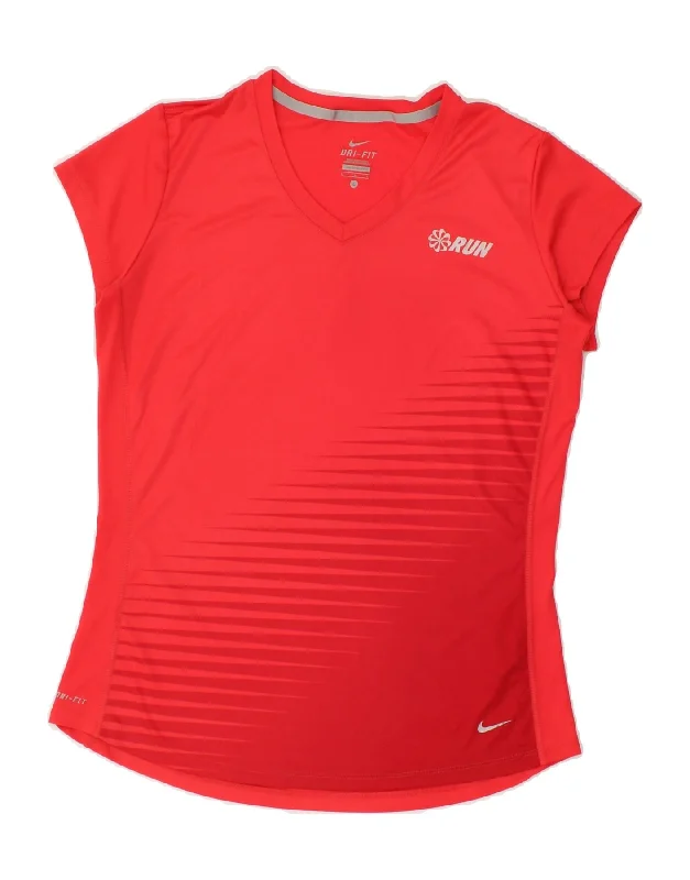 NIKE Womens Dri Fit Graphic T-Shirt Top UK 14 Large Red Striped Polyester