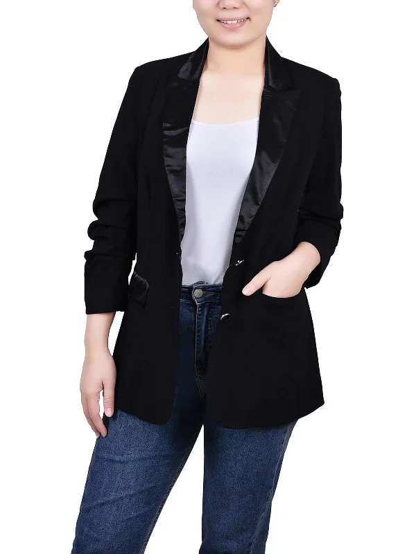 Petites Womens Satin Lapel Ruched Two-Button Blazer