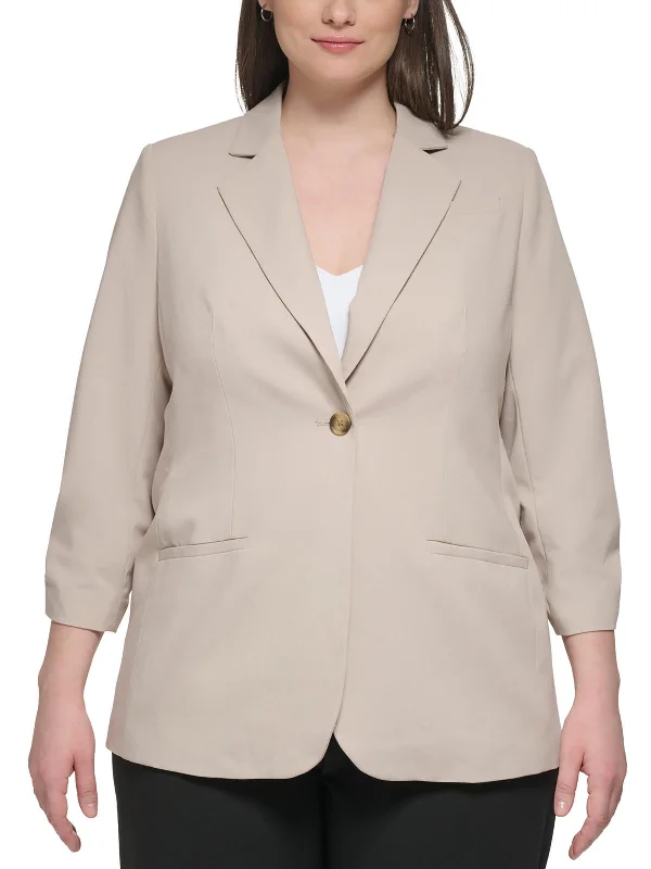 Plus Womens Woven Scunched One-Button Blazer