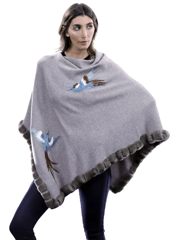 Poncho with embroidery and rex trim - Oatmeal