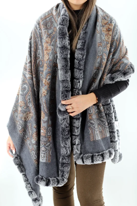 Reversible Cashmere Wrap with Rex Rabbit Trim - Grey