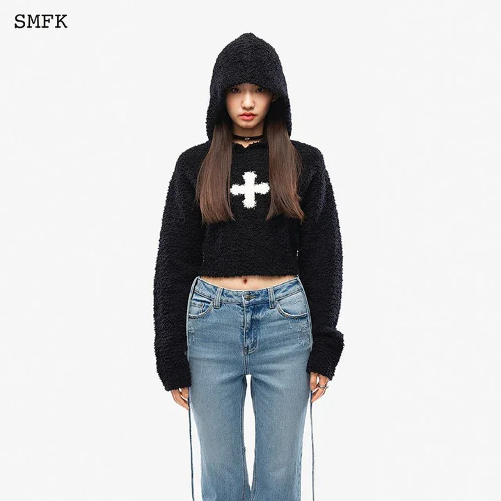 SMFK Women Compass Wool Knit Short Hoodie