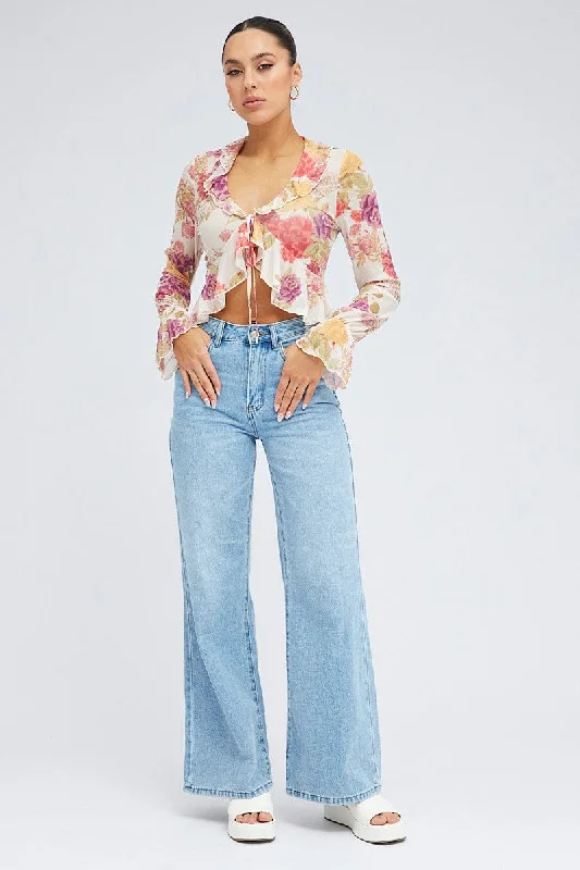 White Floral Bolero Long Sleeve V Neck