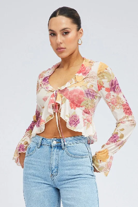 White Floral Bolero Long Sleeve V Neck