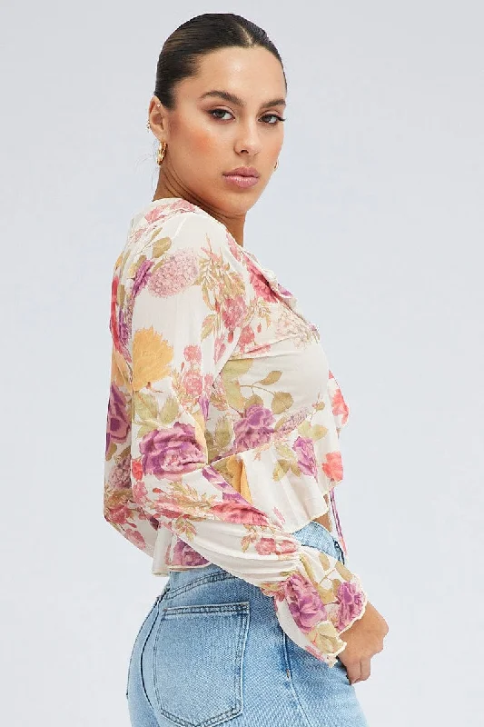 White Floral Bolero Long Sleeve V Neck