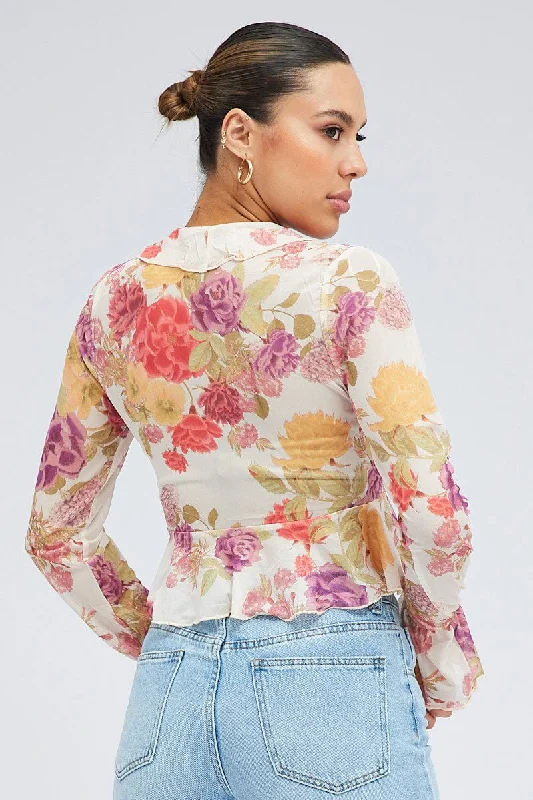 White Floral Bolero Long Sleeve V Neck