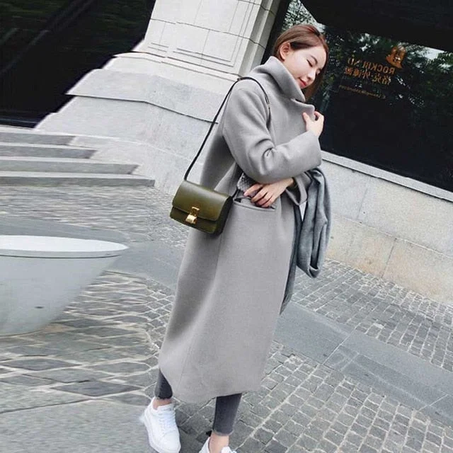 Women Wool Coat 2019 Winter Fashion New Casual Korean Version Slim Long Coat Full Sleeve Suit Collar Women's Coats Plus Size