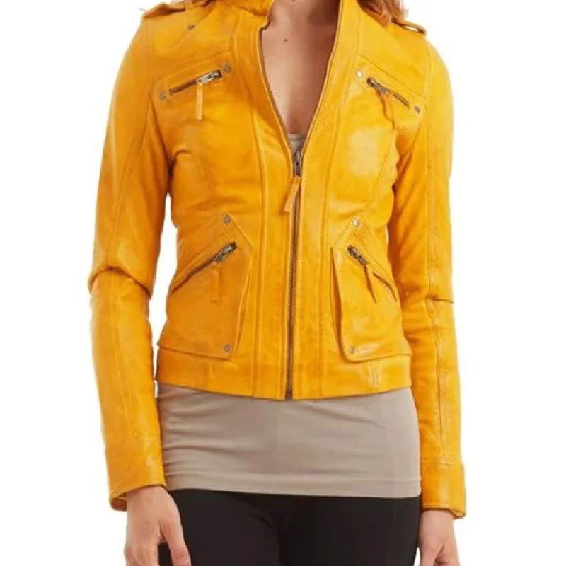 Women's Biker Yellow Leather Jacket