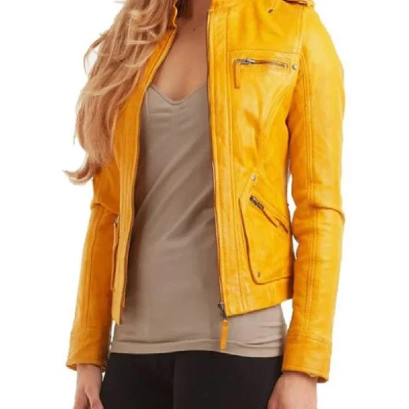 Women's Biker Yellow Leather Jacket