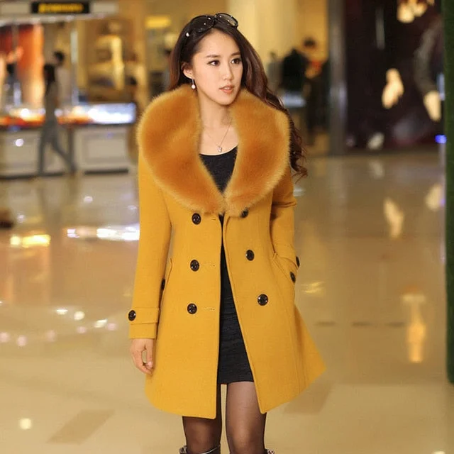 Women's Faux Fur Collar Solid Trench Coat Lady Slim Double Breasted Woolen Jackets Coat 2019 Autumn Winter Female Outwear