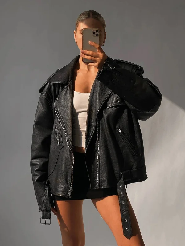 Women's Handmade Oversize Real Leather Black Bomber Jacket