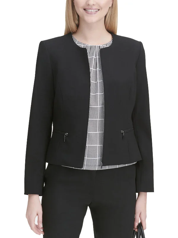 Womens Knit Zip Front Collarless Blazer