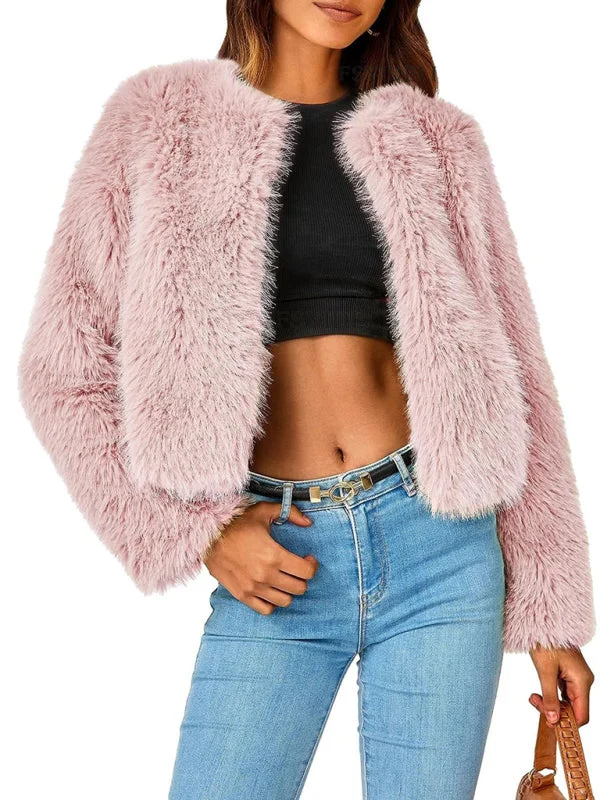 FZ Women's New Furry Collarless Top Short Jacket