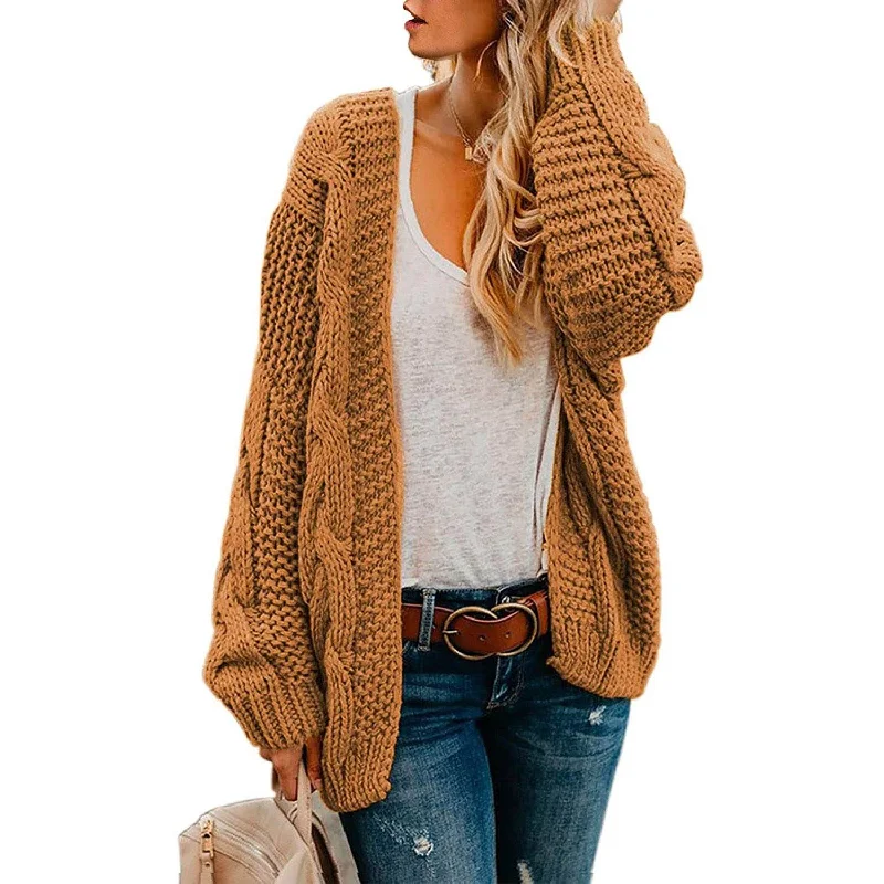 Womens Open Front Long Sleeve Chunky Knit Cardigan Sweaters Loose Outwear Coat