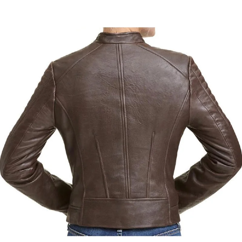 Womens Quilted Sleeves Brown Leather Jacket