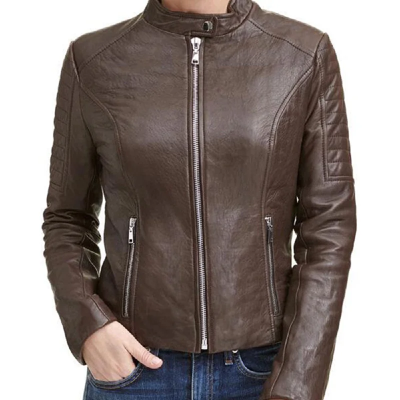 Womens Quilted Sleeves Brown Leather Jacket