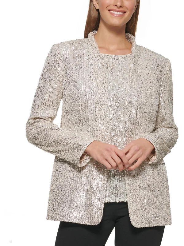 Womens Sequined Shawl Collar Open-Front Blazer