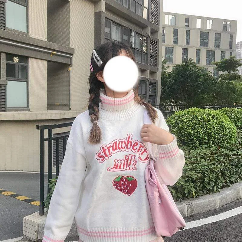 Strawberry Turtleneck Knitted Tops