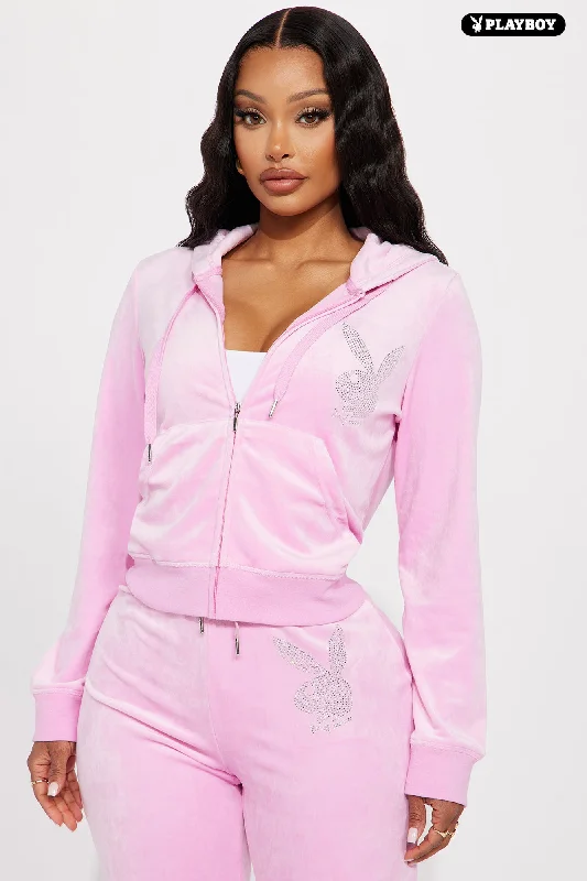 Velour Playboy Zip Font Hoodie - Pink