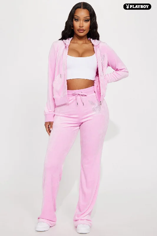 Velour Playboy Zip Font Hoodie - Pink