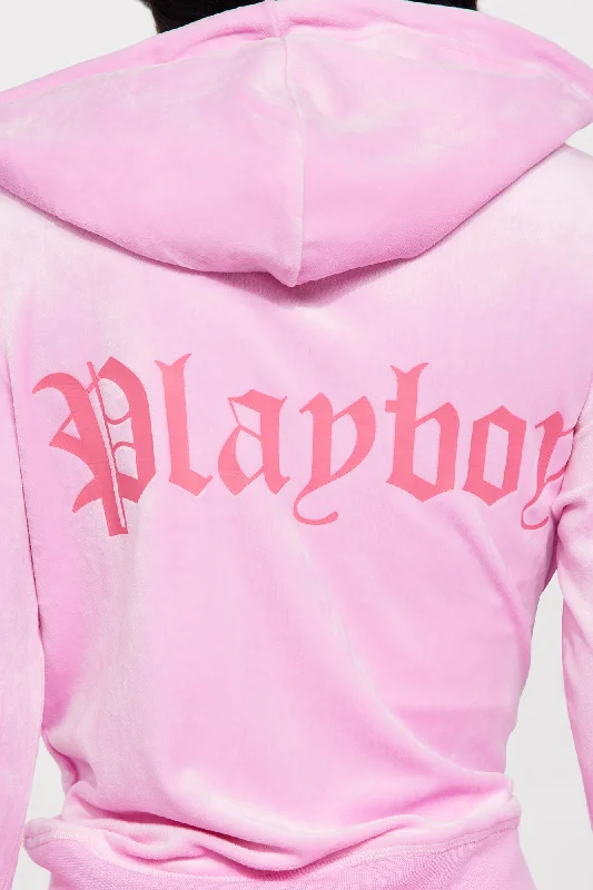 Velour Playboy Zip Font Hoodie - Pink