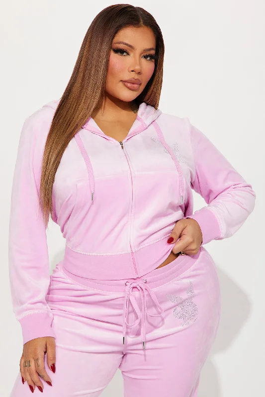 Velour Playboy Zip Font Hoodie - Pink