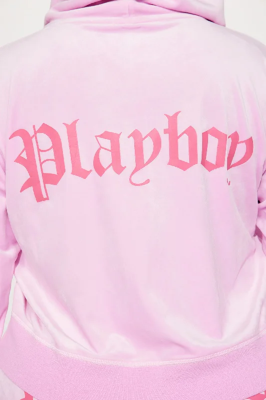 Velour Playboy Zip Font Hoodie - Pink