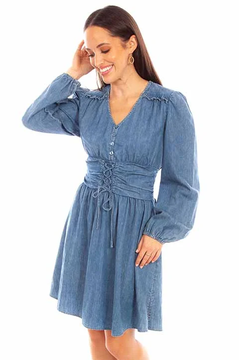 Alicia Peplum Lace Up Denim Dress