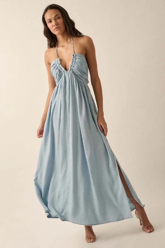 Blue Bayou Denim Halter Maxi Dress