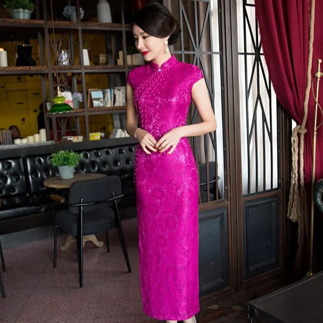 Cap Sleeve Full Length Cheongsam Floral Lace Chinese Dress