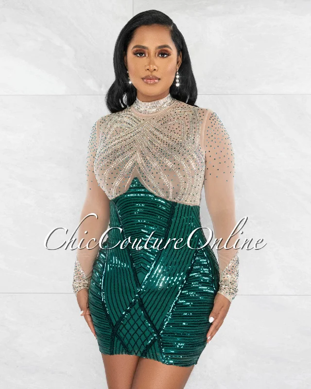 Esparta Nude Hunter Green Rhinestones Sheer Top Two-Tone Dress