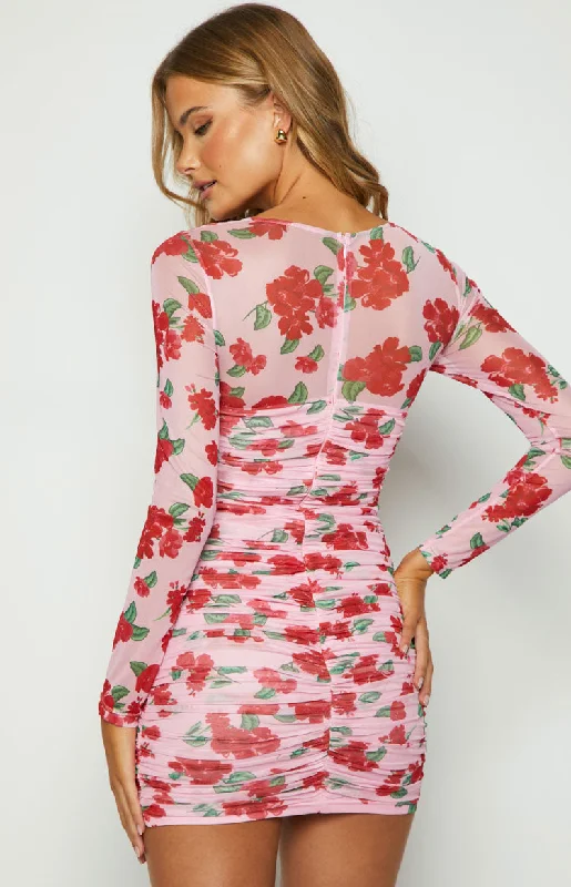 Estee Pink Print Long Sleeve Mesh Mini Party Dress