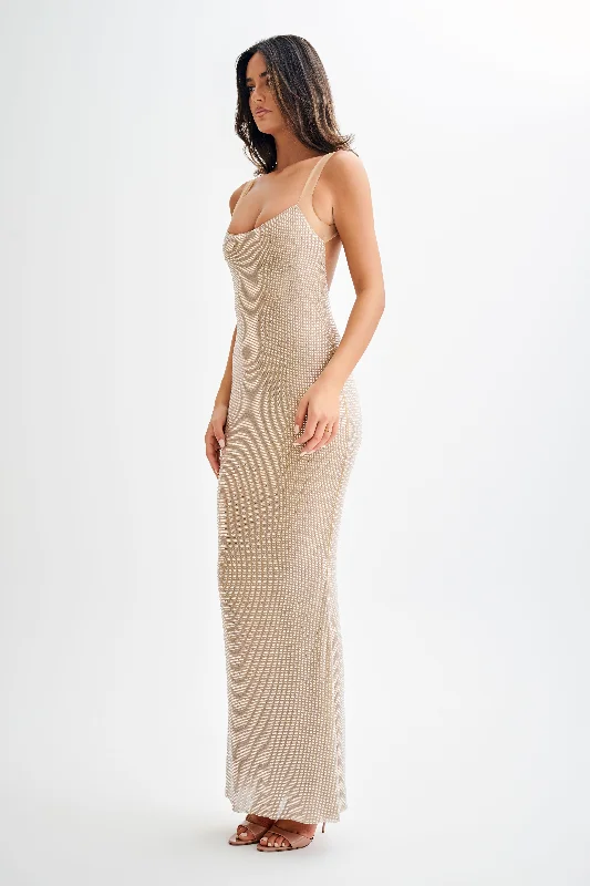 Jasmyn Hot Fix Maxi Dress With Mesh Back - Nude