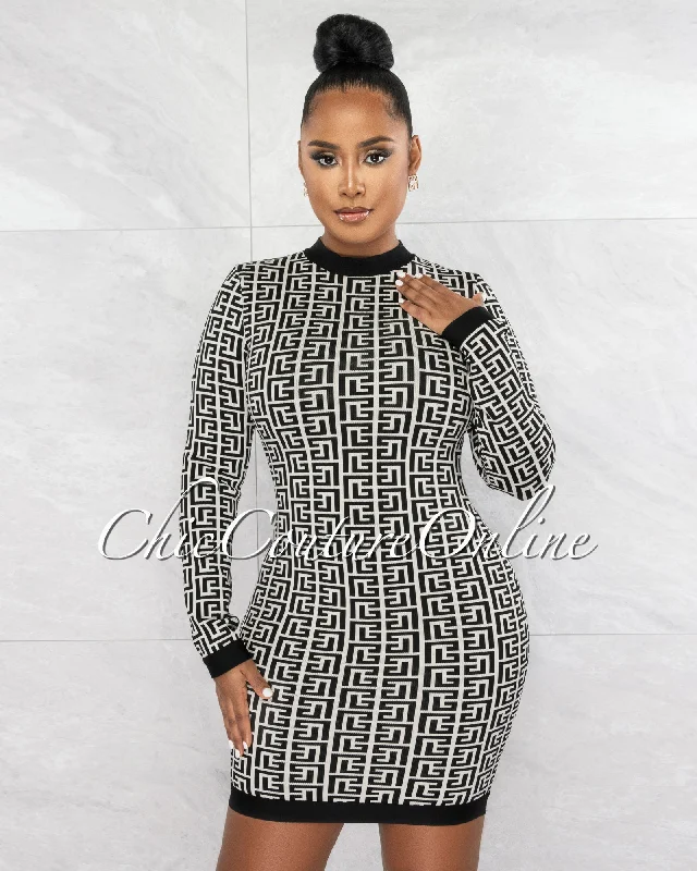 Keaton Black Cream Fret Print Long Sleeves Bandage Dress