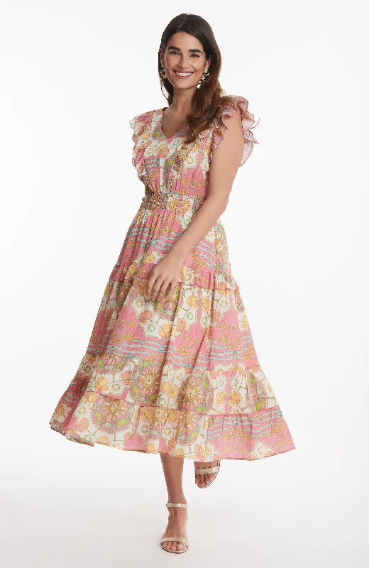 Laura Silk Tea Rose Midi Dress - Multi Tea Rose