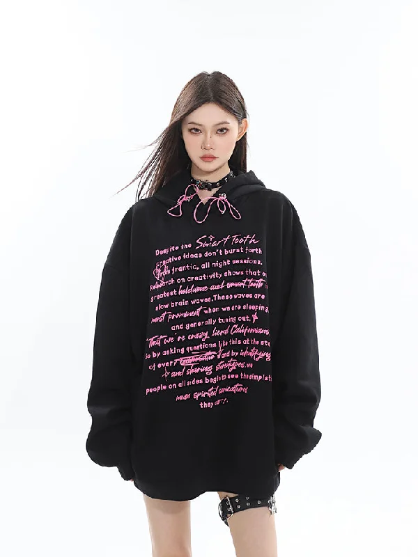 Lilla Solid Color Graphic Writings Fluorescent Loose Long Sleeve Drawstring Hoodie