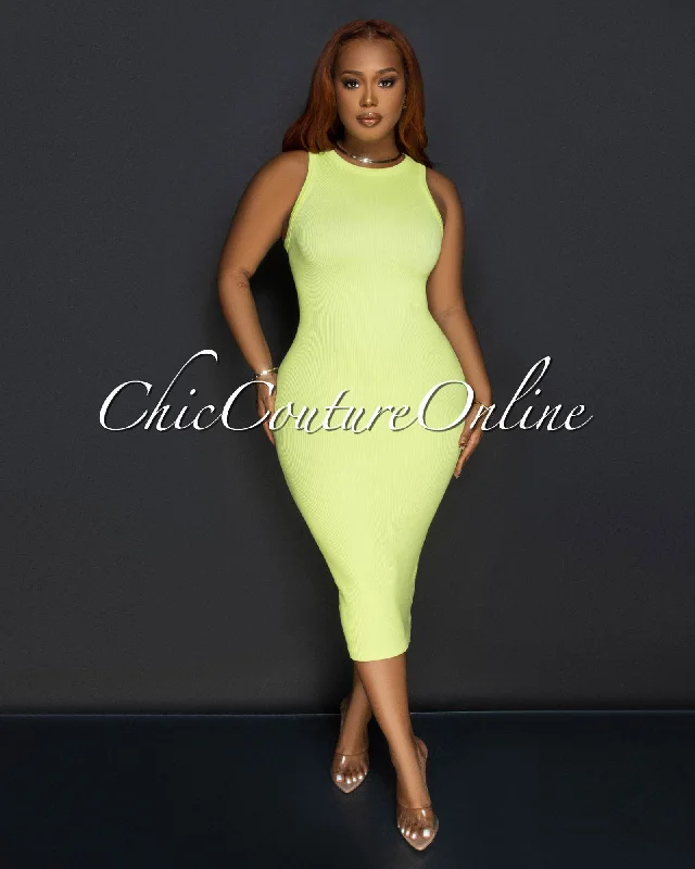 Liona Yellow Sleeveless Ribbed Midi Dress