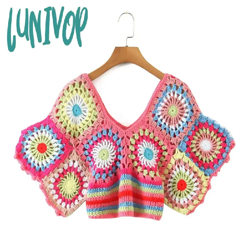 Lunivop Boho Ethnic Plaid knitted Tanks women Short sleeve Loose Pullovers for Women Vintage Deep V Oversize boho beach tops