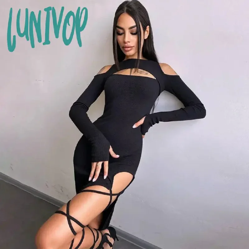 Lunivop Ribber Hollow Out Long Sleeve Midi Bodycon Dress Women Autumn Sexy Off Shoulder Tie Up Party Dresses Clubwear Dresses